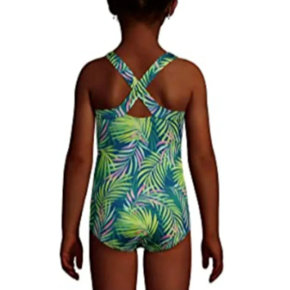 NWT Lands' End Baltic Teal Muti Palm One Piece SZ 4 UPF 50 Criss Cross Back🌴🌴
